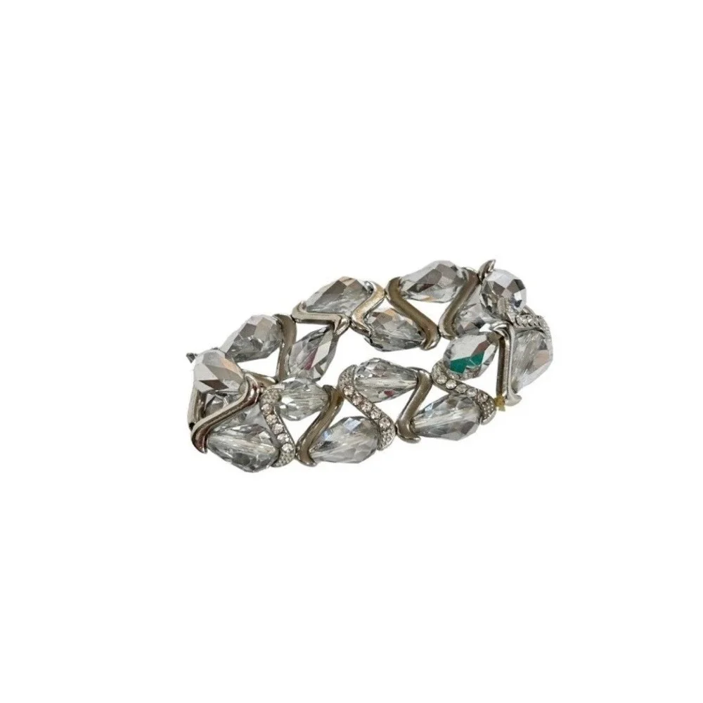 Vintage Silvertone‎ Faceted Beaded Sparkly Rhinestones Stretch Bracelet Sparkle